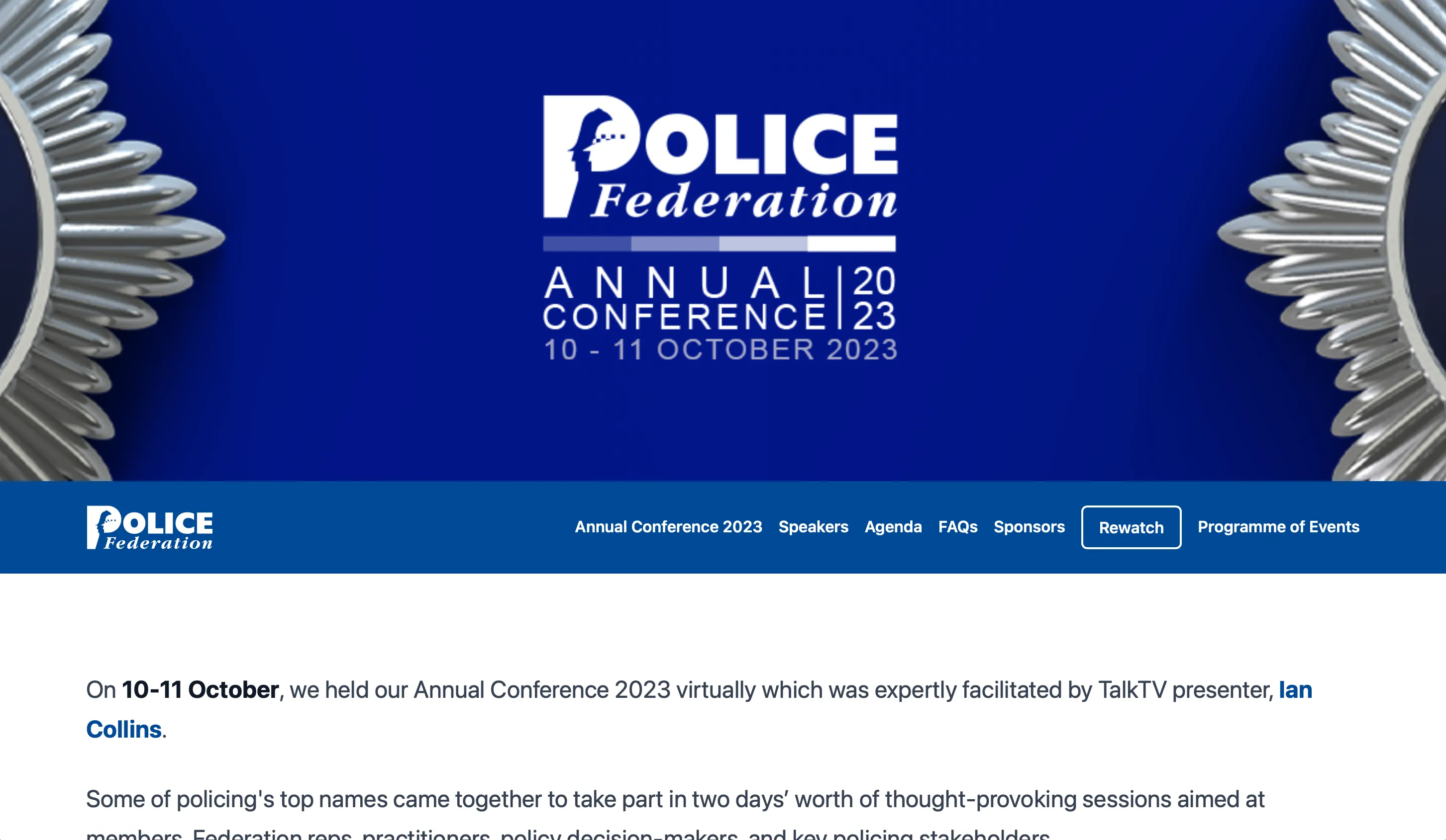 The event page for the Police Federation's Annual Conference 2023. At the top of the page is the banner for the event with the text: 'Police Federation Annual Conference 2023. 10th to 11th October 2023.'