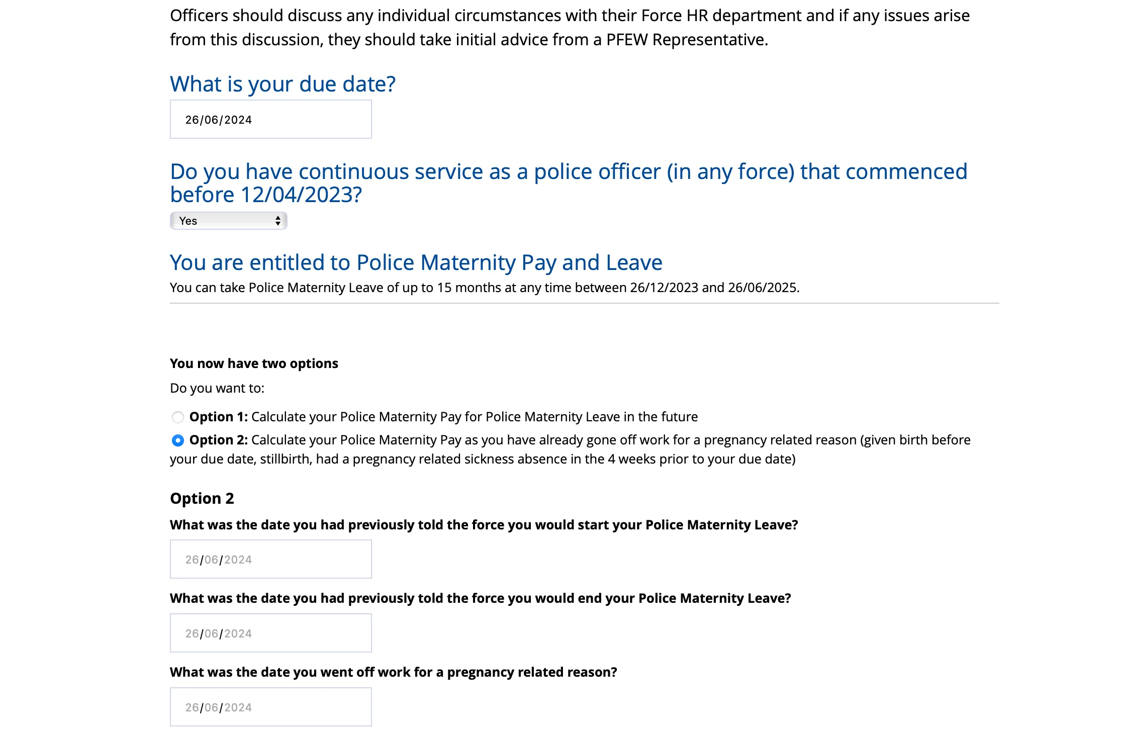 Extract of the maternity calculator built for the Police Federation of England and Wales website. This screenshot shows a few of the questions and date input fields officers are asked to complete.